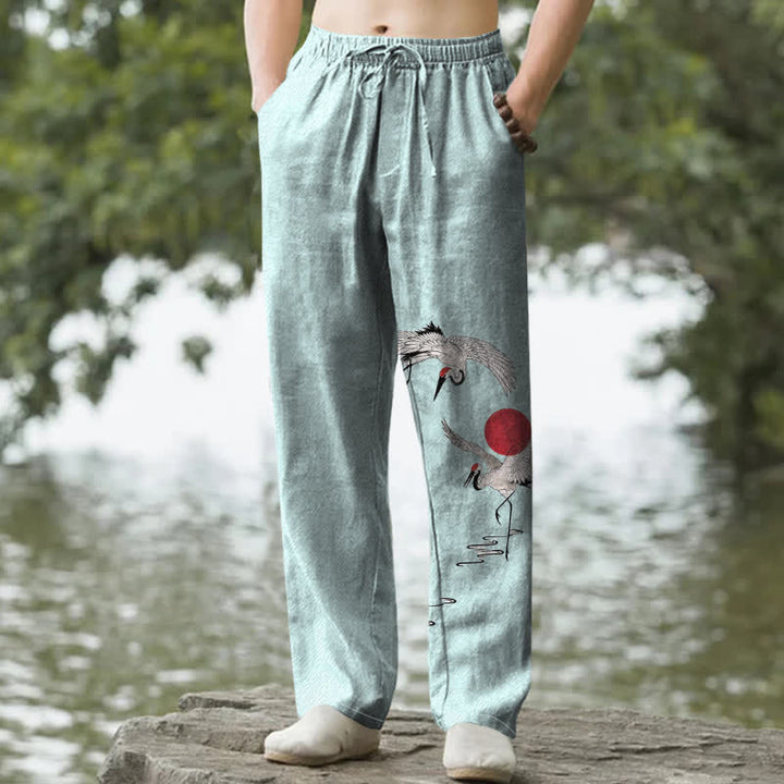 Buddha Stones Pantalones de hombre de algodón con estampado de grullas y sol rojo, corte ajustado y bolsillos. - Turquesa pálido - US/UK/AU50, EU60 (5XL) - image 6