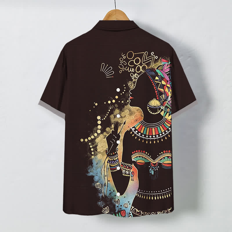 Buddha Stones Camisa de manga corta transpirable para hombre con estampado de silueta de mujer tribal y botones. - image 6