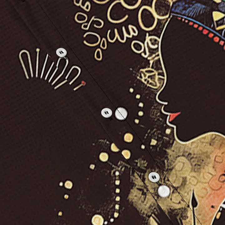 Buddha Stones Camisa de manga corta transpirable para hombre con estampado de silueta de mujer tribal y botones. - image 8