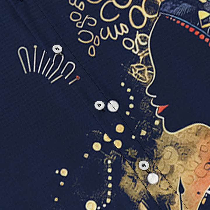 Buddha Stones Camisa de manga corta transpirable para hombre con estampado de silueta de mujer tribal y botones. - image 13