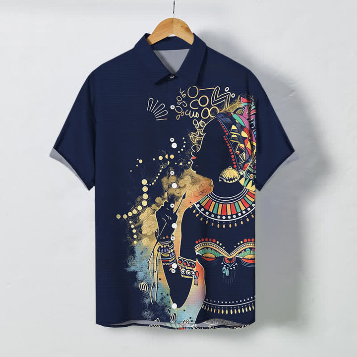 Buddha Stones Camisa de manga corta transpirable para hombre con estampado de silueta de mujer tribal y botones. - Marina de guerra - US/UK/AU48, UE58 (4XL) - image 10