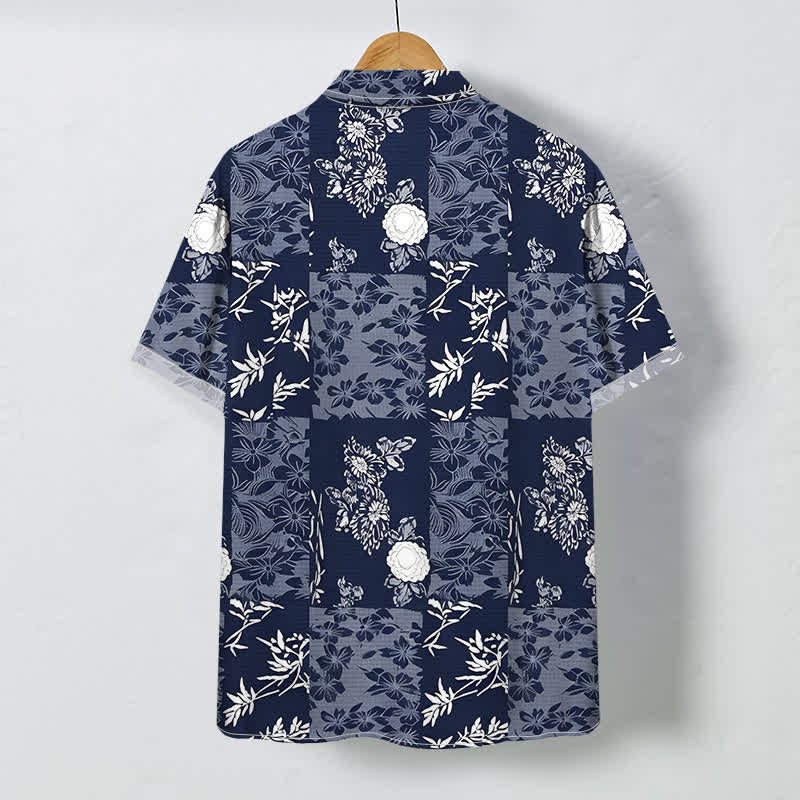 Buddha Stones Camisa de manga corta transpirable para hombre con botones y estampado floral a cuadros azules - image 1