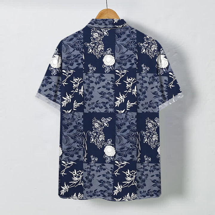 Buddha Stones Camisa de manga corta transpirable para hombre con botones y estampado floral a cuadros azules - image 1