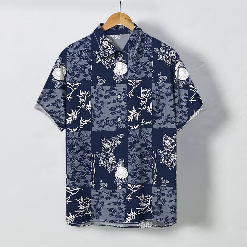 Buddha Stones Camisa de manga corta transpirable para hombre con botones y estampado floral a cuadros azules - Marina de guerra - US/UK/AU48, UE58 (4XL) - image 0