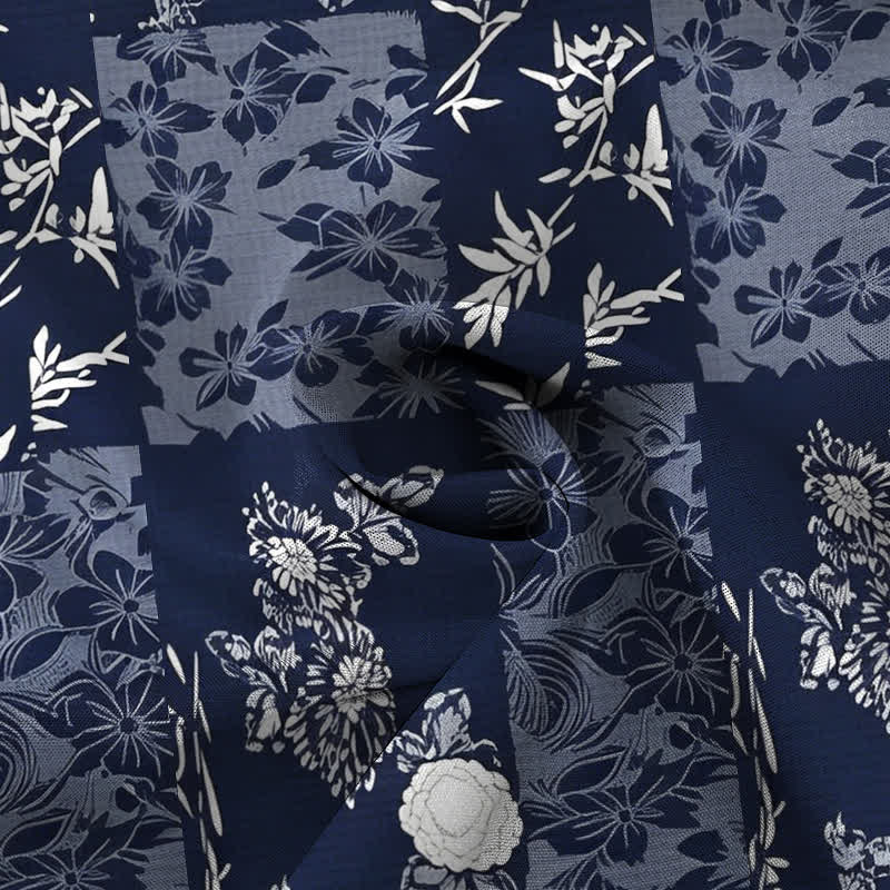 Buddha Stones Camisa de manga corta transpirable para hombre con botones y estampado floral a cuadros azules - image 2