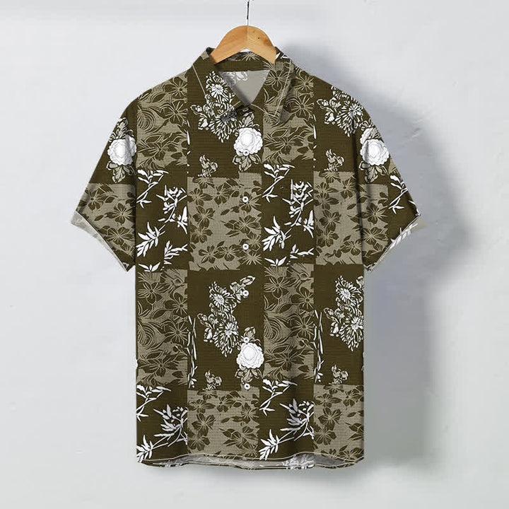 Buddha Stones Camisa de manga corta transpirable para hombre con botones y estampado floral a cuadros azules - Marrón silla de montar - US/UK/AU48, UE58 (4XL) - image 3