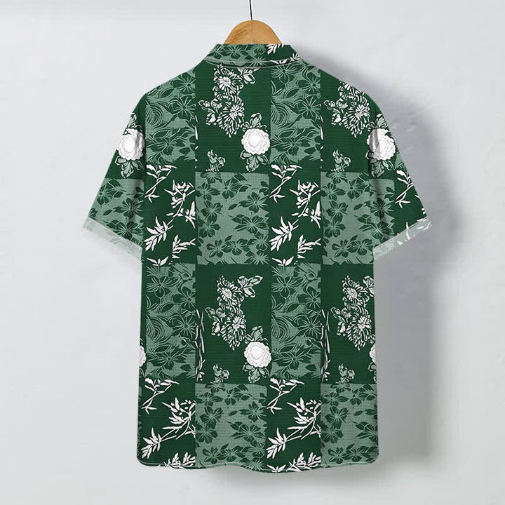 Buddha Stones Camisa de manga corta transpirable para hombre con botones y estampado floral a cuadros azules - image 7