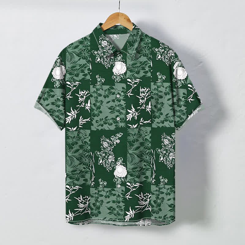 Buddha Stones Camisa de manga corta transpirable para hombre con botones y estampado floral a cuadros azules - Verde oscuro - US/UK/AU48, UE58 (4XL) - image 6