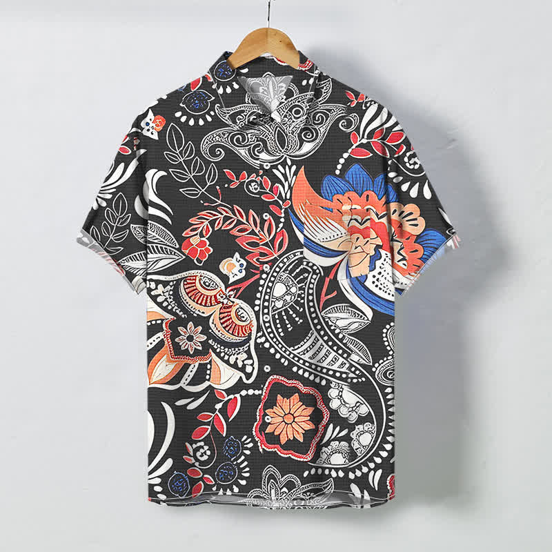 Buddha Stones Camisa de manga corta transpirable para hombre con botones y estampado floral paisley vintage - Negro - US/UK/AU48, UE58 (4XL) - image 0