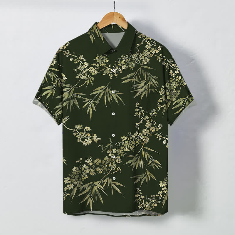 Buddha Stones Camisa transpirable de manga corta para hombre con botones y estampado de flores de ciruelo y bambú - Verde oscuro - US/UK/AU48, UE58 (4XL) - image 5