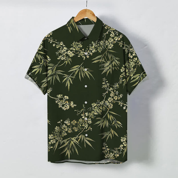 Buddha Stones Camisa transpirable de manga corta para hombre con botones y estampado de flores de ciruelo y bambú - Verde oscuro - US/UK/AU48, UE58 (4XL) - image 5