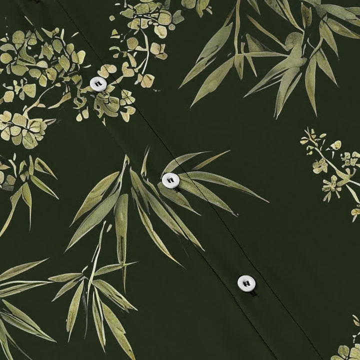 Buddha Stones Camisa transpirable de manga corta para hombre con botones y estampado de flores de ciruelo y bambú - image 8
