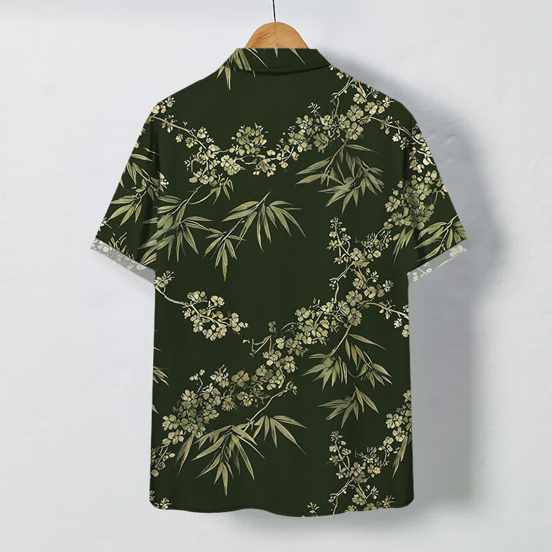 Buddha Stones Camisa transpirable de manga corta para hombre con botones y estampado de flores de ciruelo y bambú - image 6