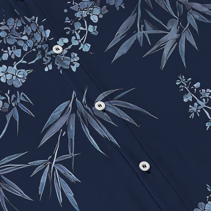 Buddha Stones Camisa transpirable de manga corta para hombre con botones y estampado de flores de ciruelo y bambú - image 13