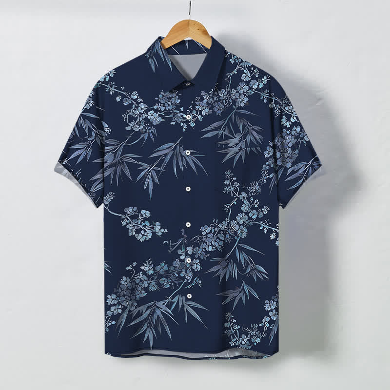 Buddha Stones Camisa transpirable de manga corta para hombre con botones y estampado de flores de ciruelo y bambú - Marina de guerra - US/UK/AU48, UE58 (4XL) - image 10