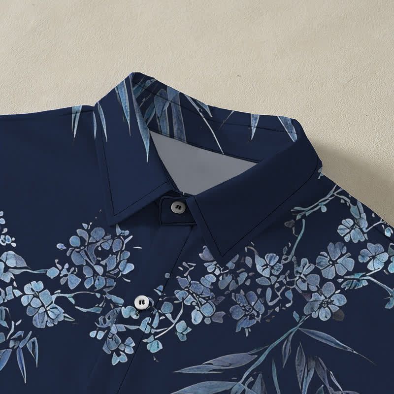 Buddha Stones Camisa transpirable de manga corta para hombre con botones y estampado de flores de ciruelo y bambú - image 12