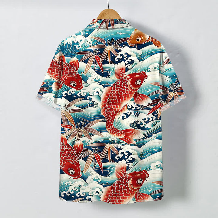 Buddha Stones Camisa de manga corta transpirable para hombre con botones y estampado de bambú y olas Koi - image 1