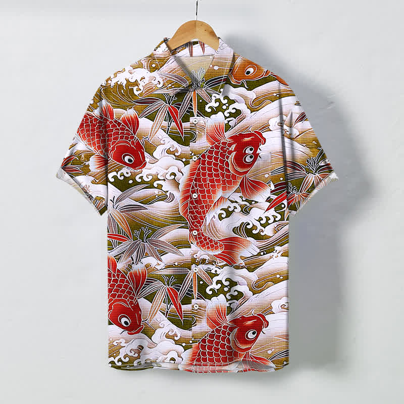 Buddha Stones Camisa de manga corta transpirable para hombre con botones y estampado de bambú y olas Koi - Vara de oro oscura - US/UK/AU48, UE58 (4XL) - image 3