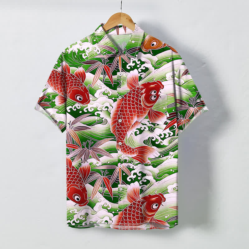 Buddha Stones Camisa de manga corta transpirable para hombre con botones y estampado de bambú y olas Koi - Verde lima - US/UK/AU48, UE58 (4XL) - image 6