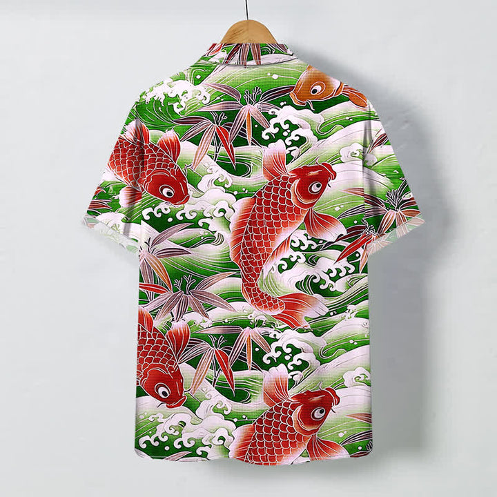 Buddha Stones Camisa de manga corta transpirable para hombre con botones y estampado de bambú y olas Koi - image 7