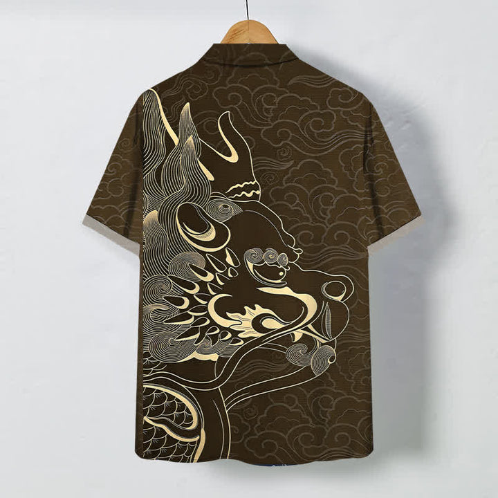 Buddha Stones Camisa de manga corta para hombre con botones y estampado de nube de dragón dorado, resistente a las arrugas. - image 6
