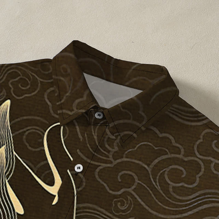 Buddha Stones Camisa de manga corta para hombre con botones y estampado de nube de dragón dorado, resistente a las arrugas. - image 7