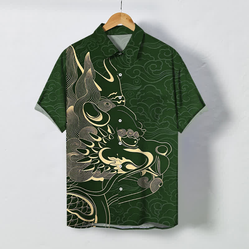 Buddha Stones Camisa de manga corta para hombre con botones y estampado de nube de dragón dorado, resistente a las arrugas. - Verde bosque - US/UK/AU48, UE58 (4XL) - image 10