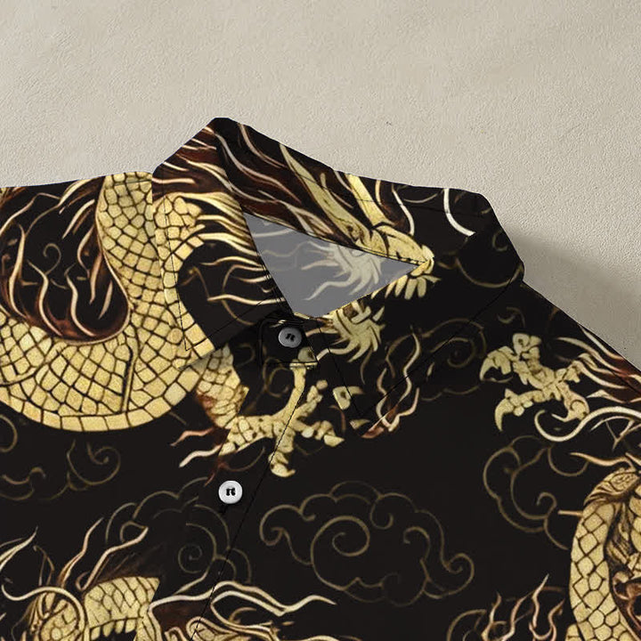 Buddha Stones Camisa de manga corta para hombre con botones y estampado de nube de dragón dorado, resistente a las arrugas. - image 2