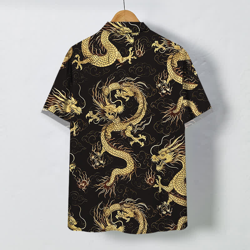 Buddha Stones Camisa de manga corta para hombre con botones y estampado de nube de dragón dorado, resistente a las arrugas. - image 1