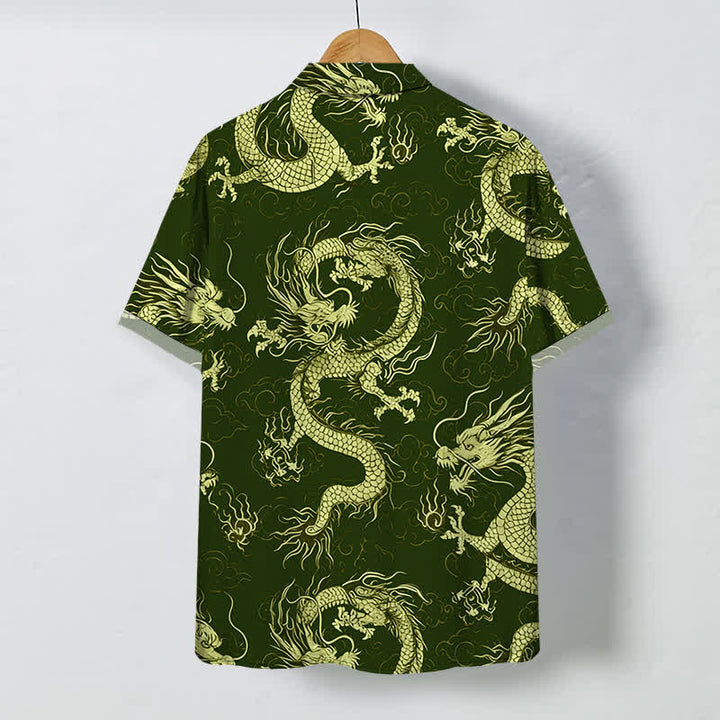 Buddha Stones Camisa de manga corta para hombre con botones y estampado de nube de dragón dorado, resistente a las arrugas. - image 6