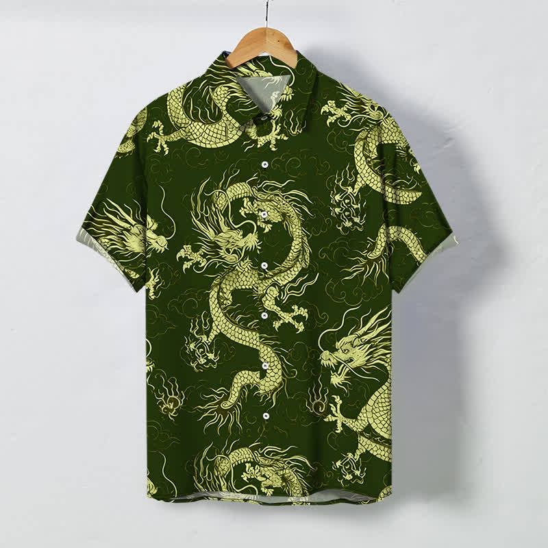 Buddha Stones Camisa de manga corta para hombre con botones y estampado de nube de dragón dorado, resistente a las arrugas. - Verde oliva oscuro - US/UK/AU48, UE58 (4XL) - image 5