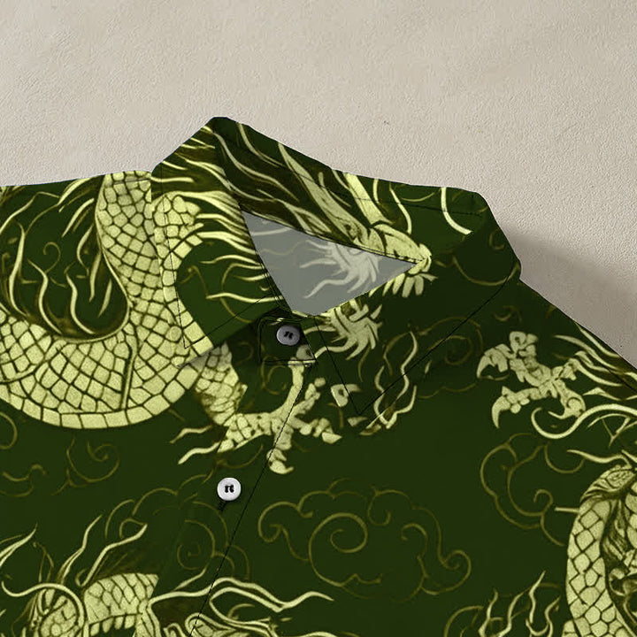 Buddha Stones Camisa de manga corta para hombre con botones y estampado de nube de dragón dorado, resistente a las arrugas. - image 7