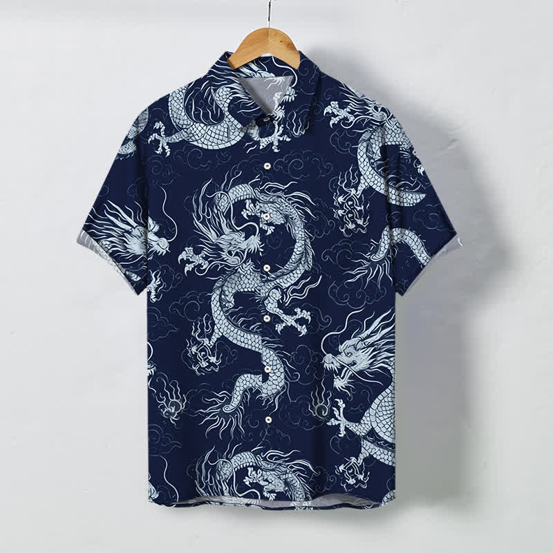 Buddha Stones Camisa de manga corta para hombre con botones y estampado de nube de dragón dorado, resistente a las arrugas. - Marina de guerra - US/UK/AU48, UE58 (4XL) - image 10