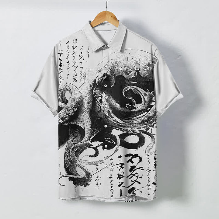 Buddha Stones Camisa de manga corta para hombre con botones y estampado de caligrafía de pulpo japonés, resistente a las arrugas. - Gainsboro - US/UK/AU48, UE58 (4XL) - image 6