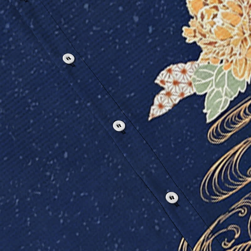 Buddha Stones Camisa transpirable de manga corta para hombre con botones y estampado de nubes y olas de loto - image 3