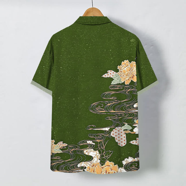 Buddha Stones Camisa transpirable de manga corta para hombre con botones y estampado de nubes y olas de loto - image 6