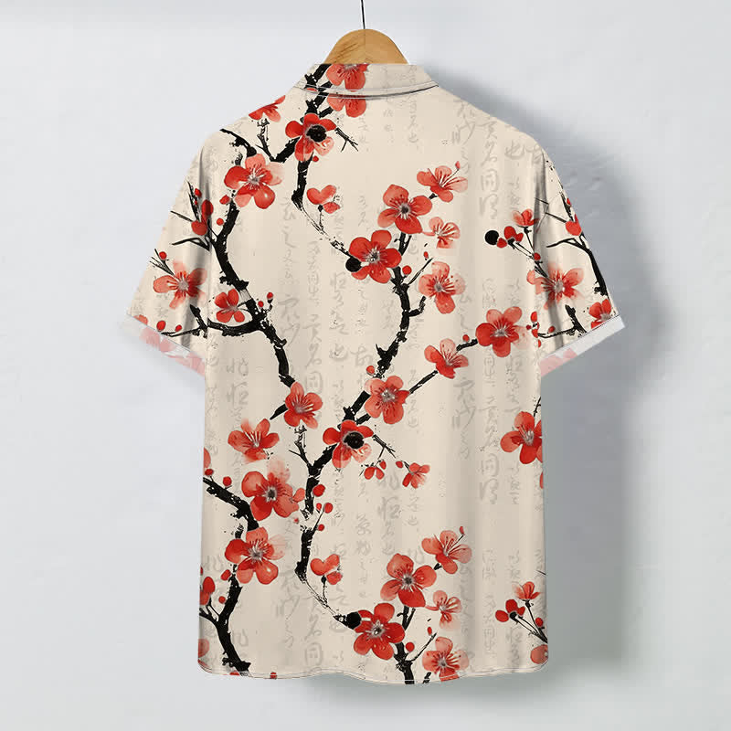Buddha Stones Camisa de manga corta para hombre con botones y estampado de ramas de ciruelo rojo, resistente a las arrugas. - image 1