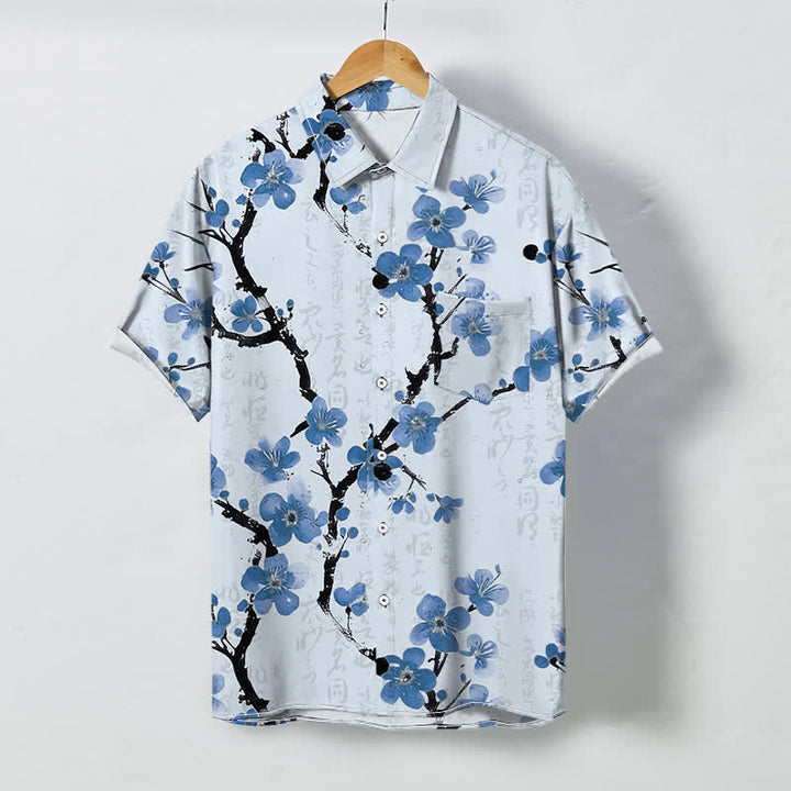 Buddha Stones Camisa de manga corta para hombre con botones y estampado de ramas de ciruelo rojo, resistente a las arrugas. - Cian claro - US/UK/AU48, UE58 (4XL) - image 3