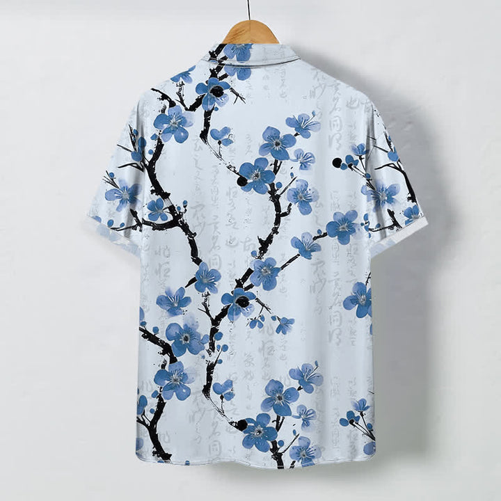 Buddha Stones Camisa de manga corta para hombre con botones y estampado de ramas de ciruelo rojo, resistente a las arrugas. - image 4