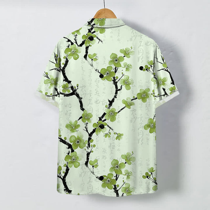 Buddha Stones Camisa de manga corta para hombre con botones y estampado de ramas de ciruelo rojo, resistente a las arrugas. - image 7