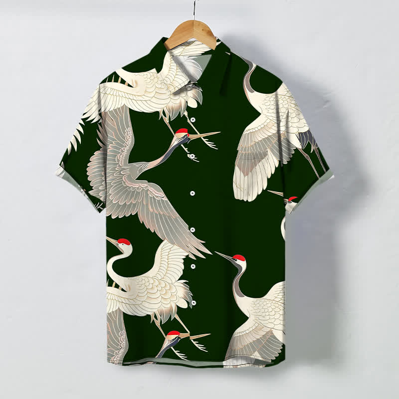 Buddha Stones Camisa de manga corta para hombre con botones y estampado de grulla de corona roja en vuelo, resistente a las arrugas. - Verde oscuro - US/UK/AU48, UE58 (4XL) - image 5