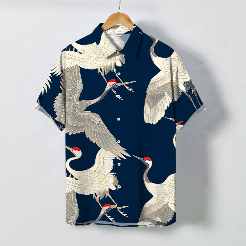 Buddha Stones Camisa de manga corta para hombre con botones y estampado de grulla de corona roja en vuelo, resistente a las arrugas. - Marina de guerra - US/UK/AU48, UE58 (4XL) - image 10