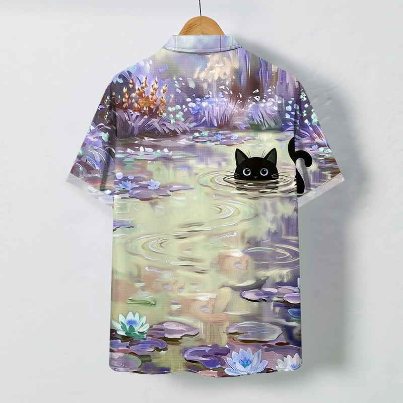 Buddha Stones Camisa transpirable de manga corta para hombre con estampado de lirios de agua y gato negro. - Beige - US/UK/AU48, UE58 (4XL) - image 4