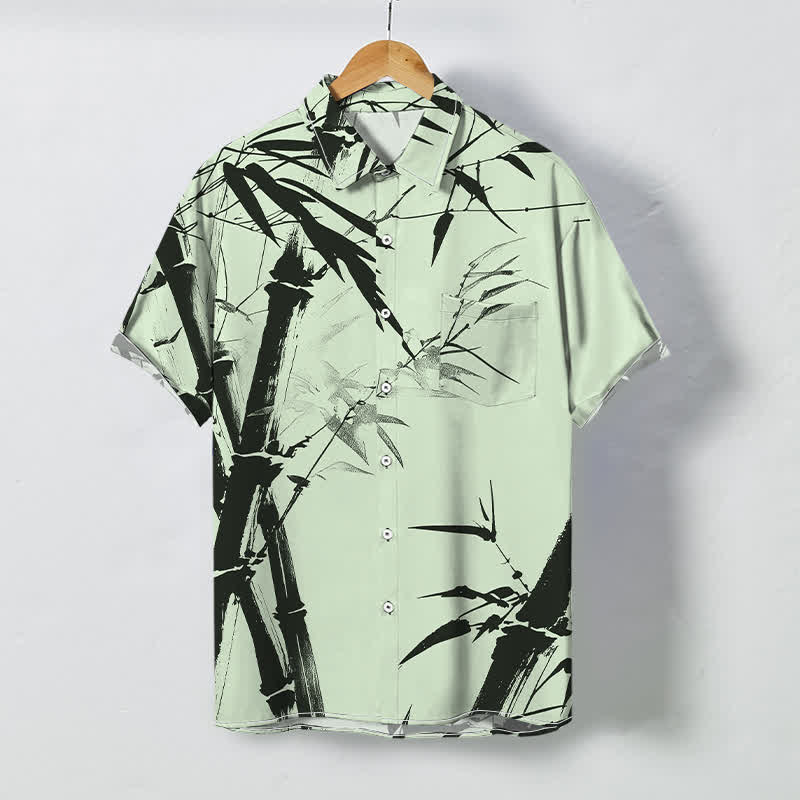 Buddha Stones Camisa de manga corta para hombre con botones estampados de bambú tinta y resistente a las arrugas - Verde pálido - US/UK/AU48, UE58 (4XL) - image 3