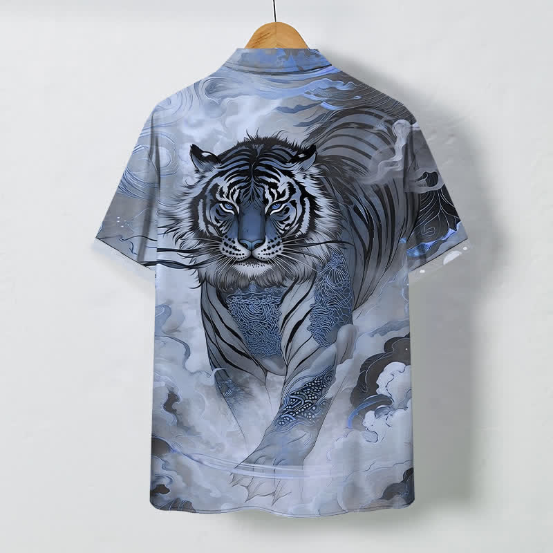 Buddha Stones Camisa de manga corta para hombre con botones y estampado de olas y nubes de tigre, resistente a las arrugas. - image 6