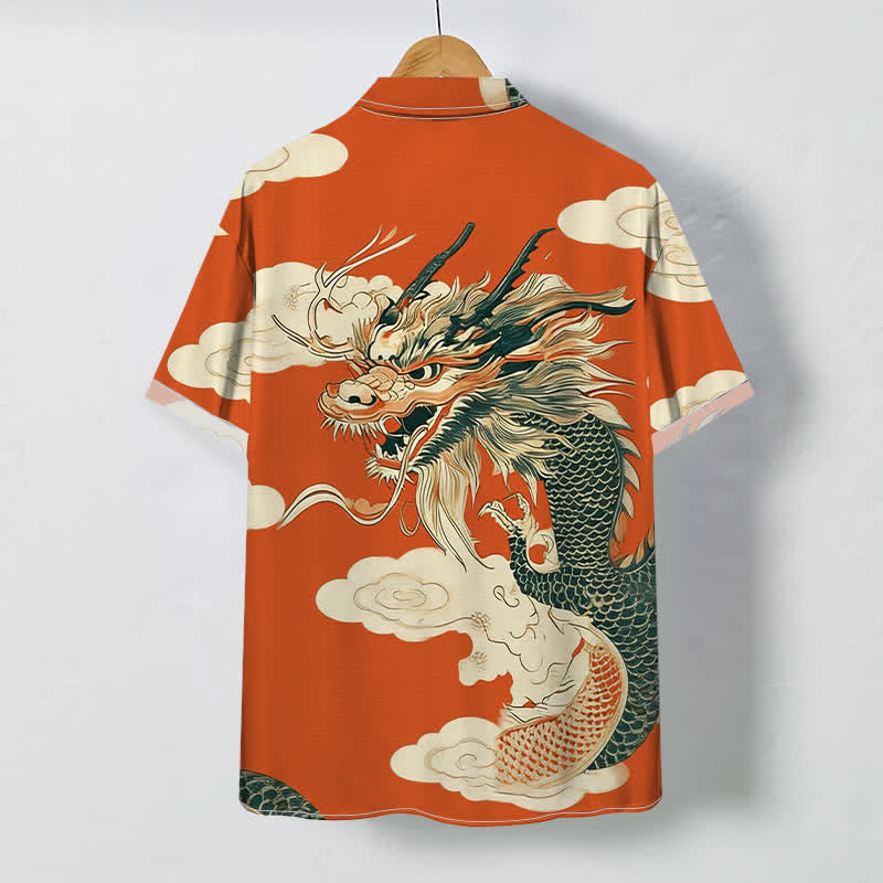 Buddha Stones Camisa de manga corta para hombre con botones y estampado de nube de dragón chino, resistente a las arrugas. - image 1
