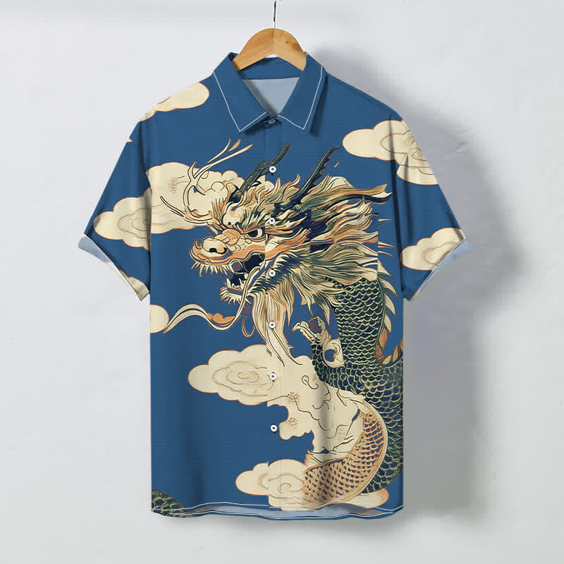 Buddha Stones Camisa de manga corta para hombre con botones y estampado de nube de dragón chino, resistente a las arrugas. - Azul real - US/UK/AU48, UE58 (4XL) - image 6