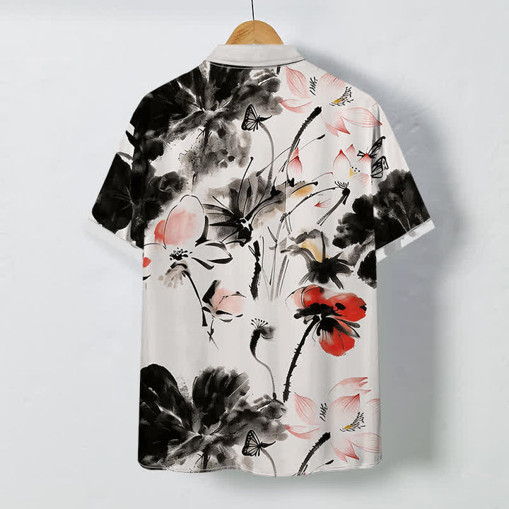 Buddha Stones Camisa transpirable de manga corta para hombre con botones y estampado floral en tinta - image 1