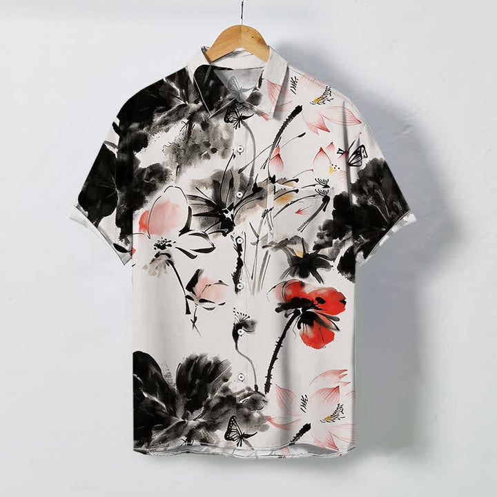Buddha Stones Camisa transpirable de manga corta para hombre con botones y estampado floral en tinta - Beige - US/UK/AU48, UE58 (4XL) - image 0
