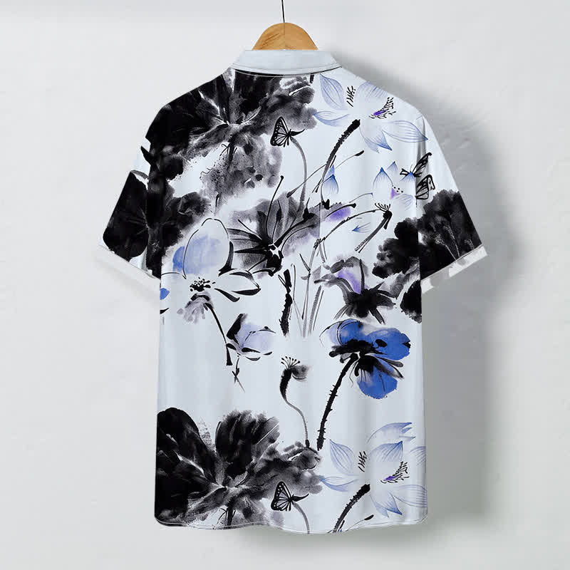 Buddha Stones Camisa transpirable de manga corta para hombre con botones y estampado floral en tinta - image 7